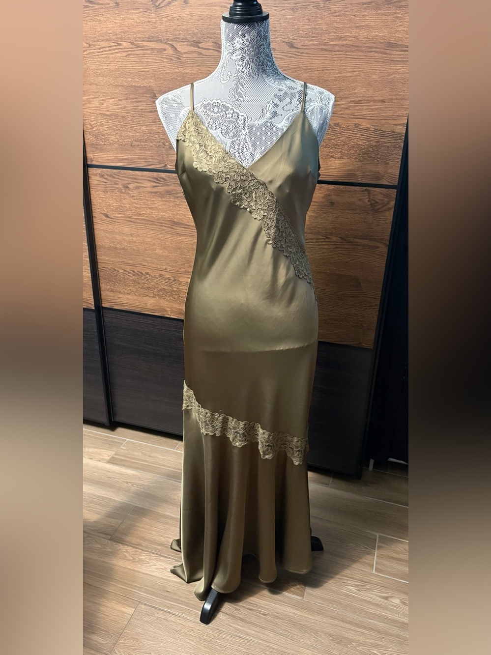 Dynamite Silky Lace-Trim Olive Slip Dress